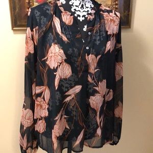 a new day no collar part button down, front pleat long sleeved blouse